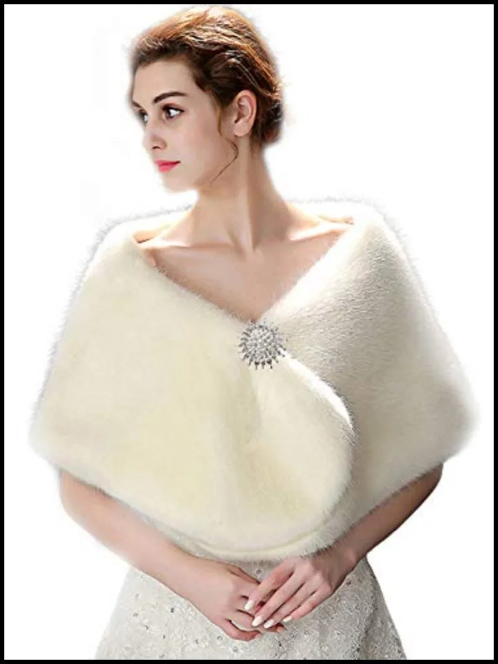 Faux Fur Wrap Wedding Stole with Brooch Evening Shrug Cape